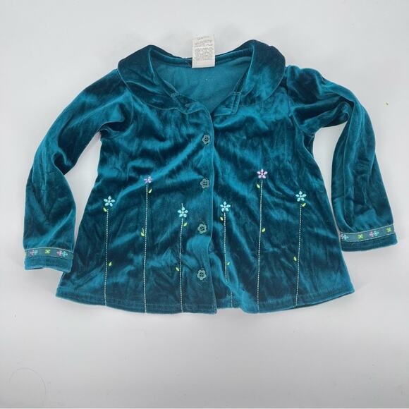 Vintage Other - Vintage McKids Green Velvet Embroidered Floral Button Down Collared Top Size 3T